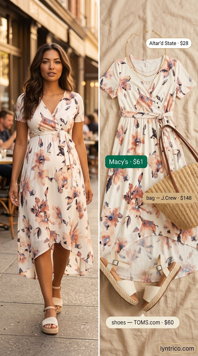 Floral midi wrap dress, espadrille flats, and straw tote for romantic summer brunch outfits for women 2026.