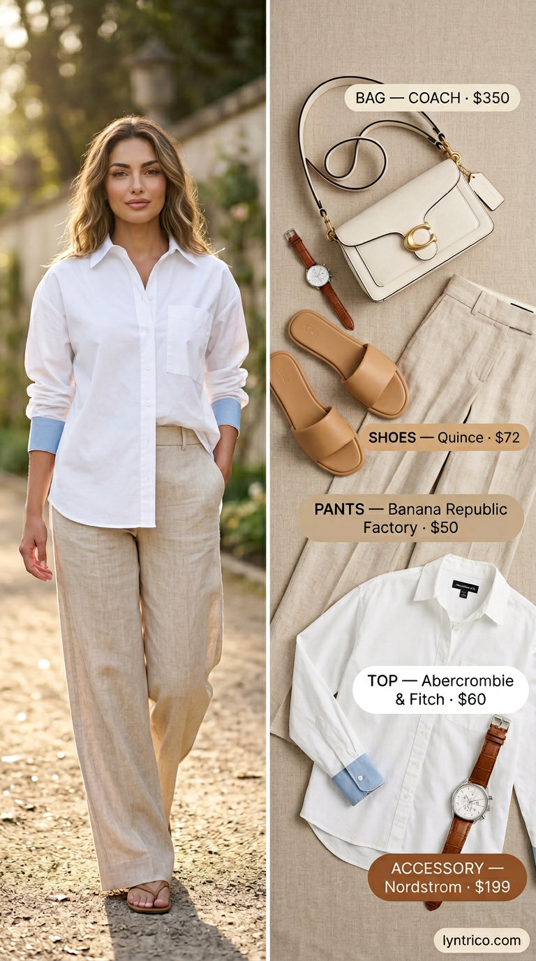 Oatmeal linen pants, white shirt, and tan slides for sophisticated summer brunch outfits for women 2026.