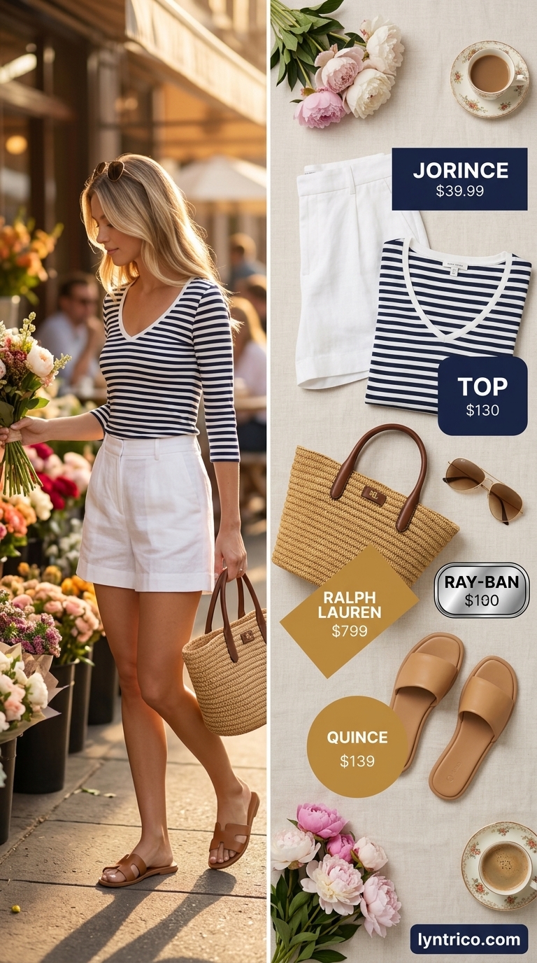 Brunch date outfits summer for women 2026: Chic linen shorts, striped knit top, leather slides, aviators, and straw tote.