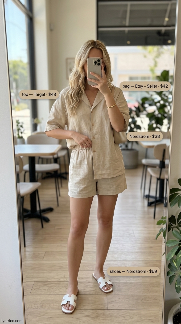 Brunch date outfits summer for women 2026: Effortless sand beige linen shorts set, slides, canvas tote, and gold bracelet.