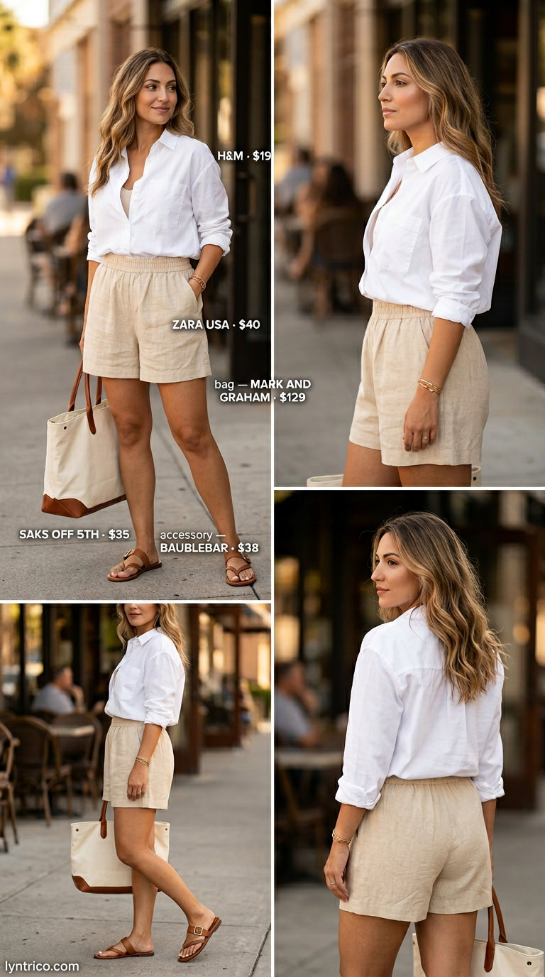 Brunch date outfits summer for women 2026: Relaxed linen shorts set, oversized white shirt, leather slides, and tote bag.