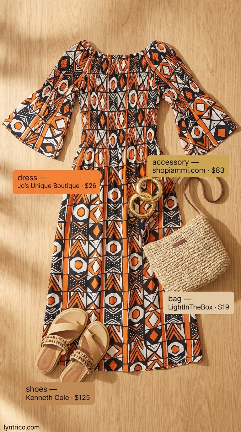 Multicolor print maxi kaftan, tan sandals, and straw bag for relaxed summer brunch outfits for women 2026.