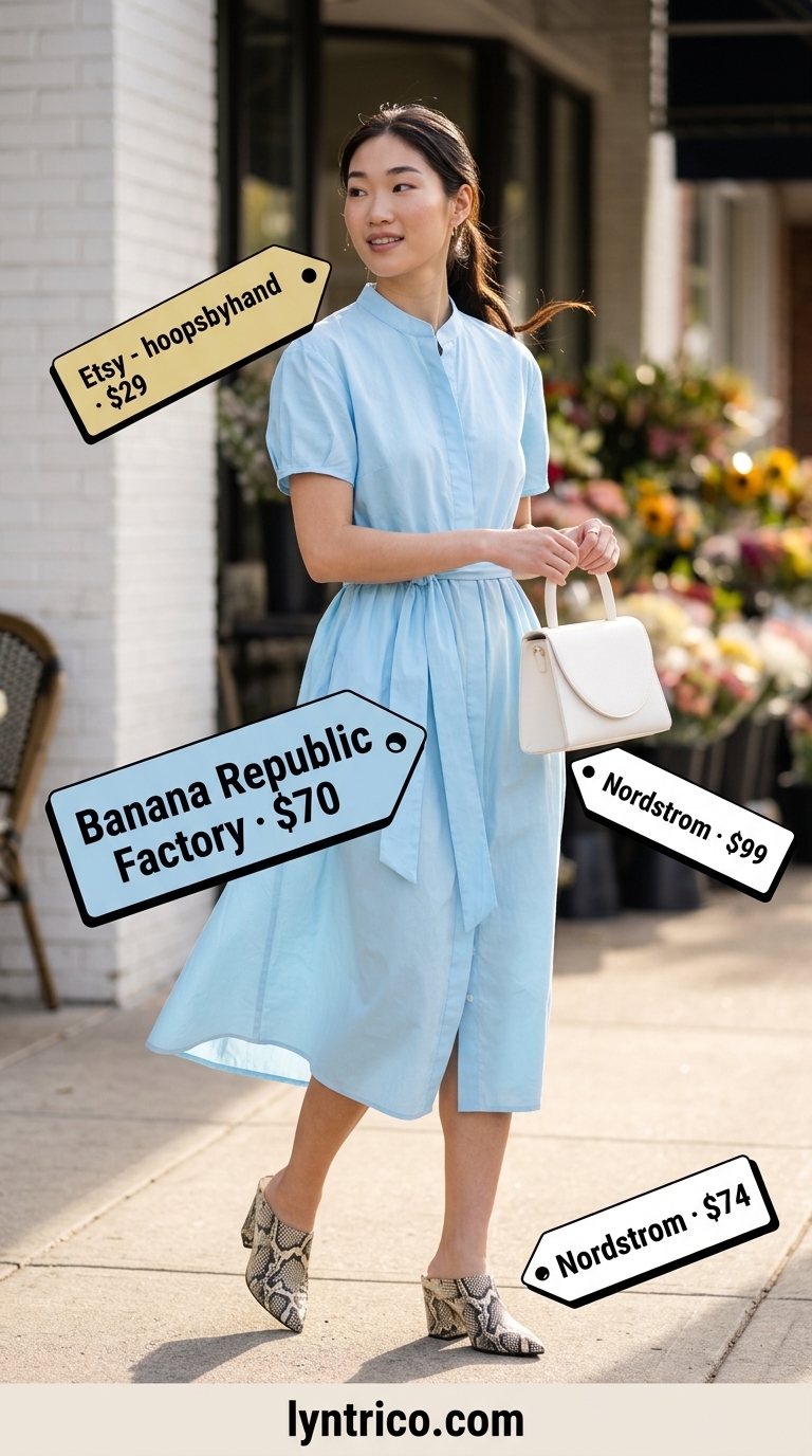 Pastel blue midi shirt dress, white mules, and gold earrings for sophisticated summer brunch outfits for women 2026.