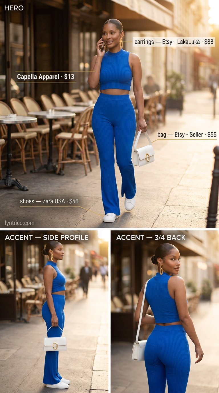 Brunch date outfits summer for women 2026: Modern cobalt blue co-ord set, white sneakers, white crossbody, and gold earrings.