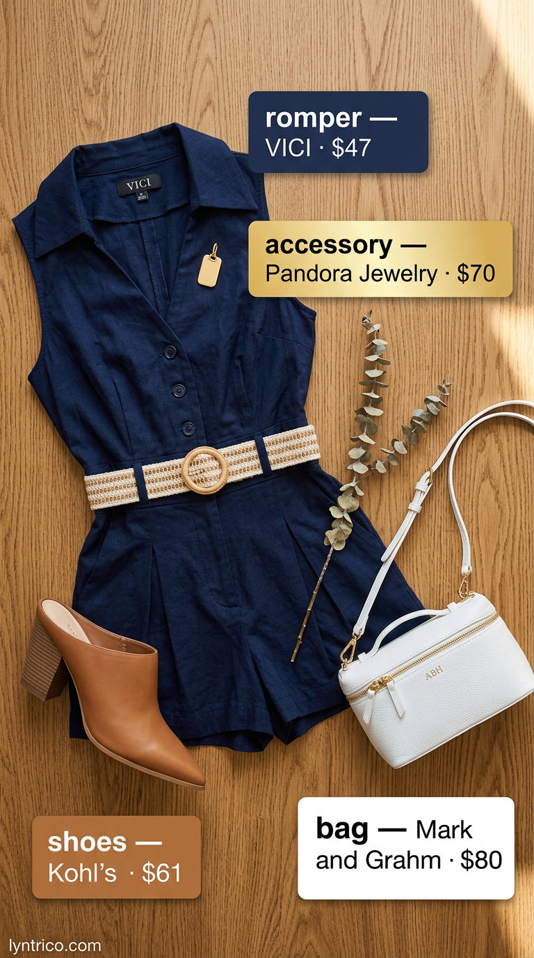 Navy blue linen romper, tan block heels, and white crossbody for summer brunch outfits women 2026. Chic modern style.