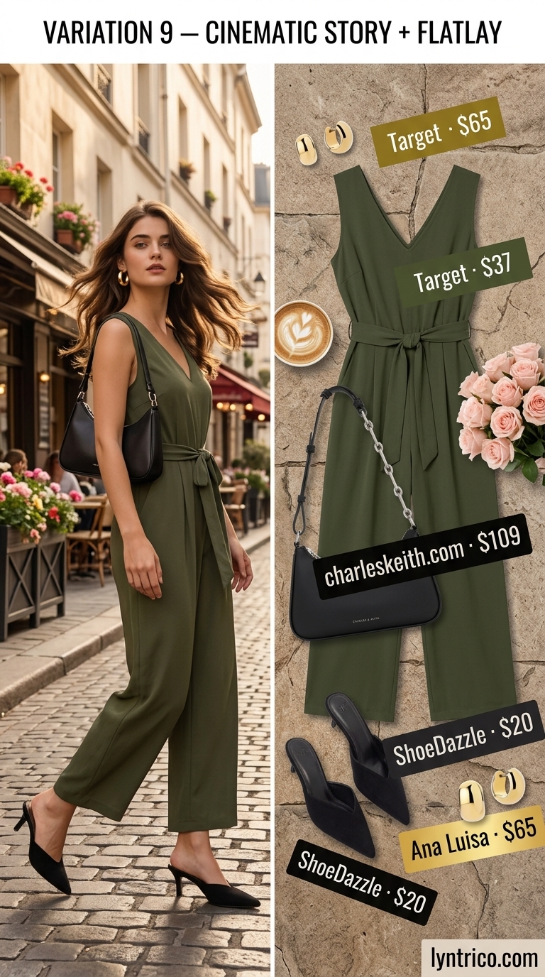 Olive green wide-leg jumpsuit, black mules, and gold hoops for summer brunch outfits women 2026. Effortless sophisticated style.