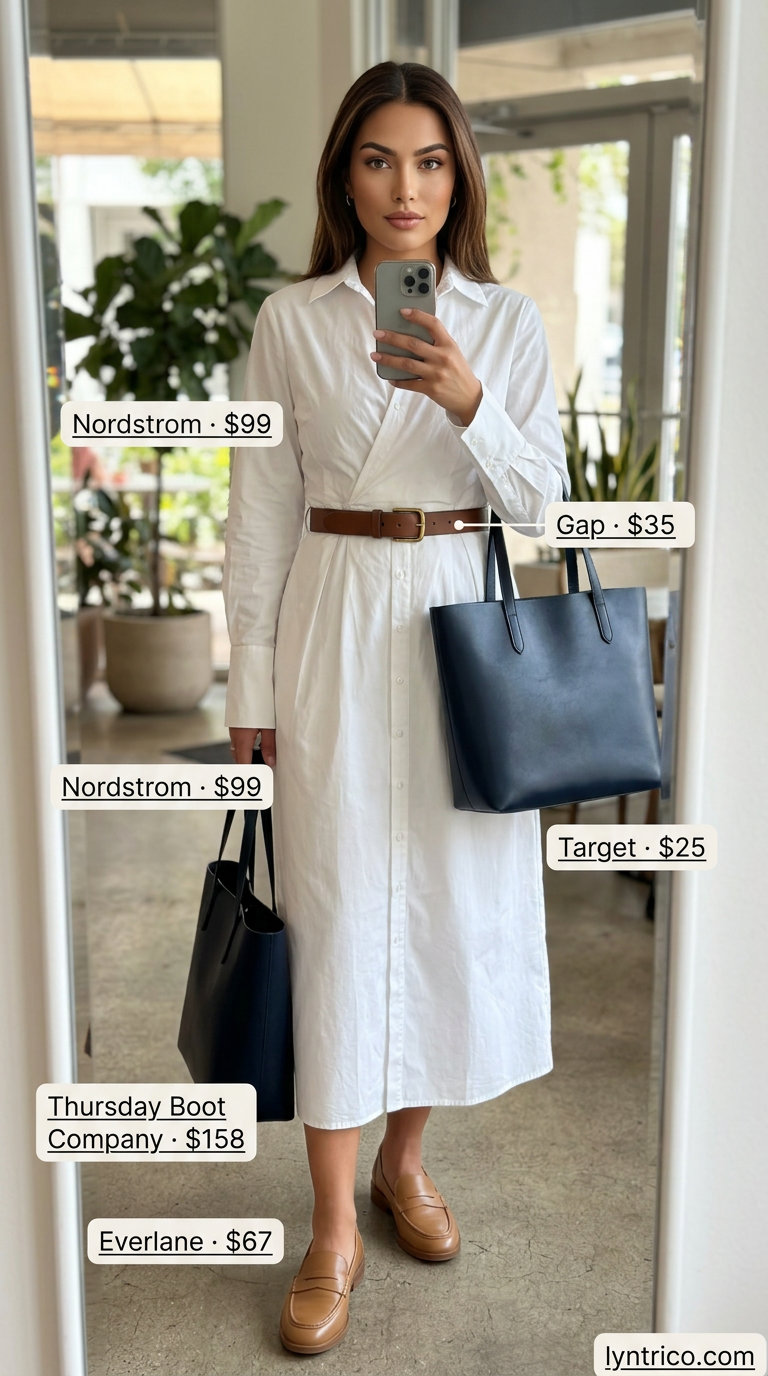 White oversized shirt dress, tan loafers, and navy tote bag for elevated summer brunch outfits for women 2026.