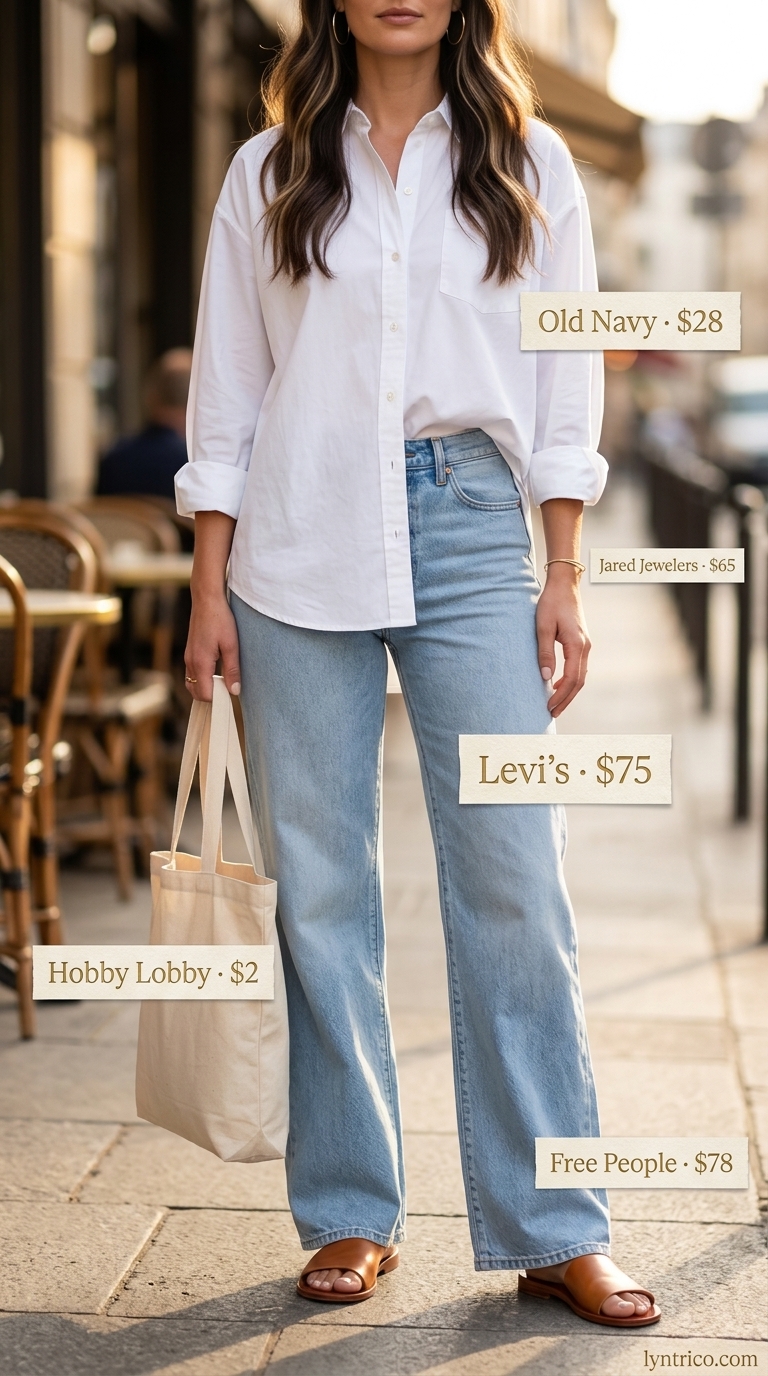 Brunch date outfits summer for women 2026: Relaxed wide-leg denim, white shirt, tan slides, and tote bag for a casual look.