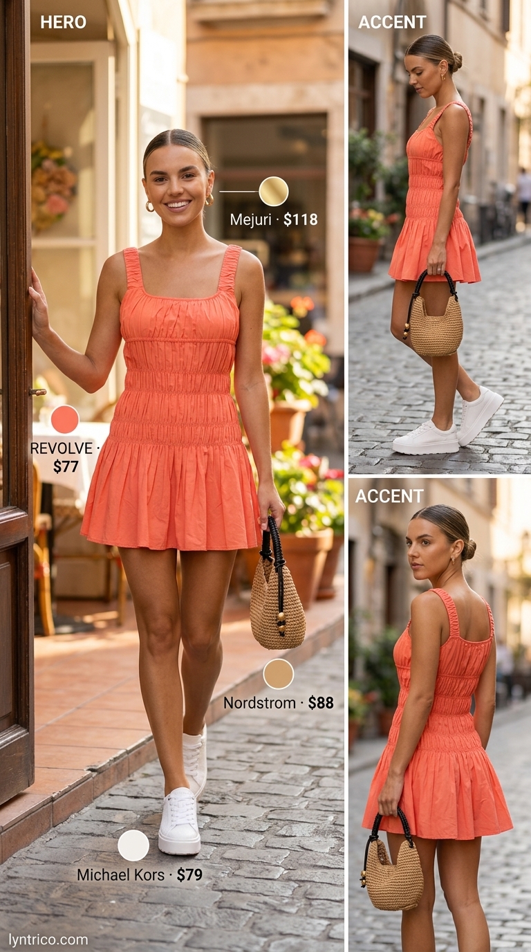 Coral orange mini sundress, white sneakers, and straw crossbody bag for summer brunch outfits for women 2026.