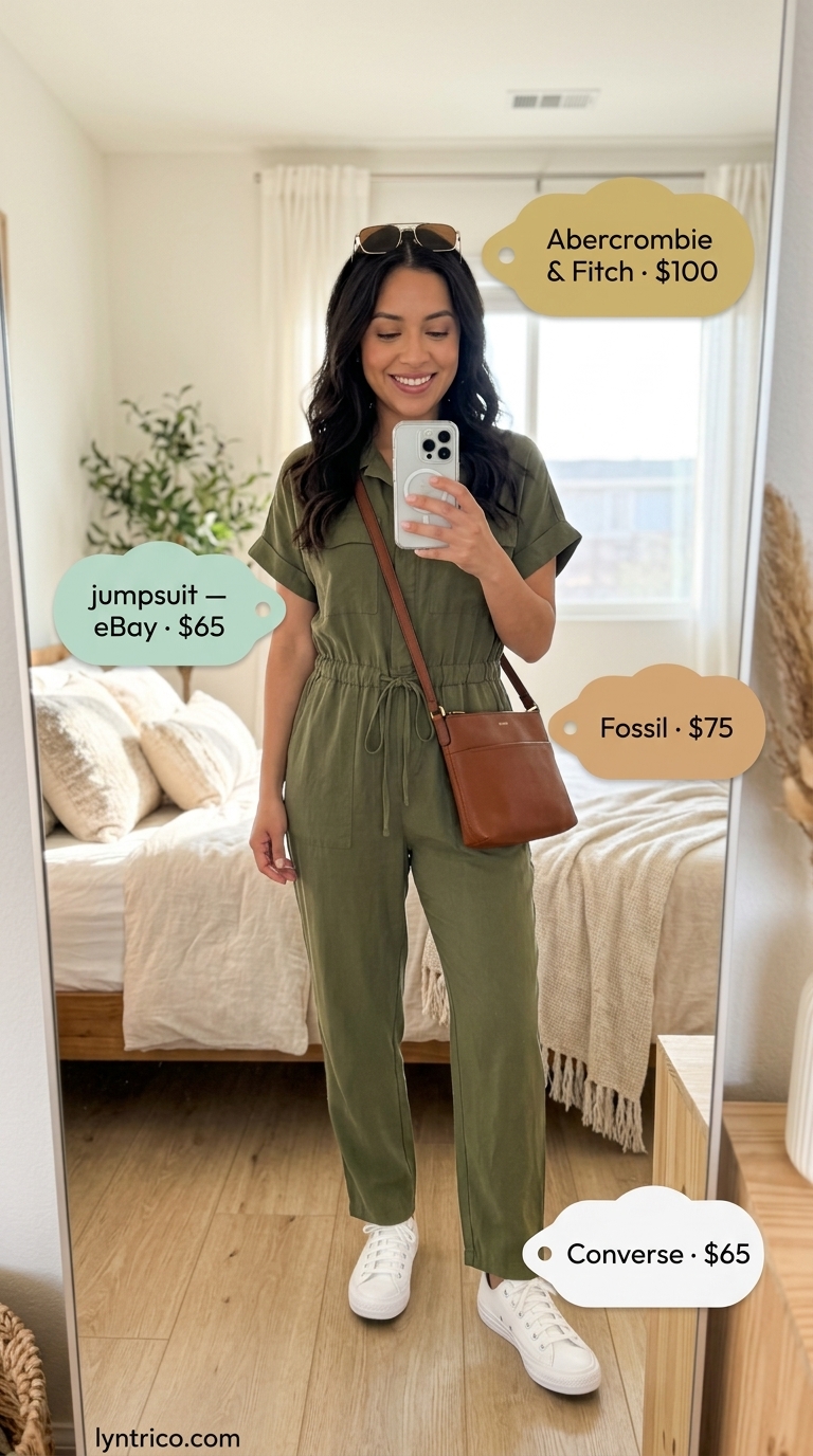 Olive green utility jumpsuit, white sneakers, and tan crossbody bag for casual brunch outfits for women 2026.