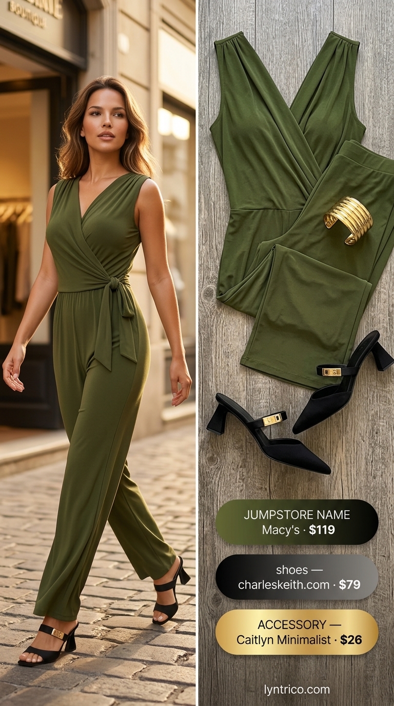 Olive green wide-leg jumpsuit, black heeled mules, and gold cuff for elegant summer brunch outfits for women 2026.
