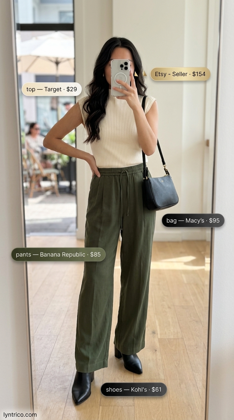 Olive green wide-leg pants, cream top, and black mules for summer brunch outfits women 2026. Sophisticated modern style.