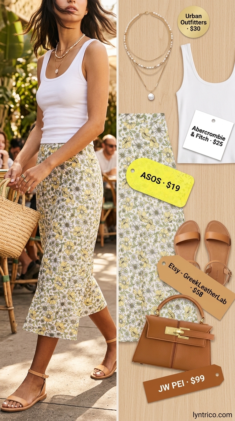 Lemon yellow floral midi skirt, white tank, and tan sandals for summer brunch outfits women 2026. Feminine garden party style.