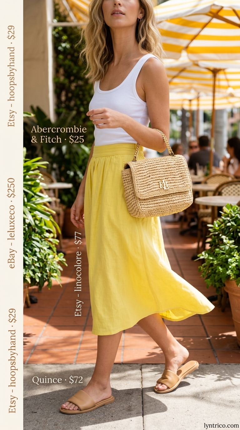 Lemon yellow linen skirt, white tank, and straw bag for summer brunch outfits women 2026. Cheerful casual style.