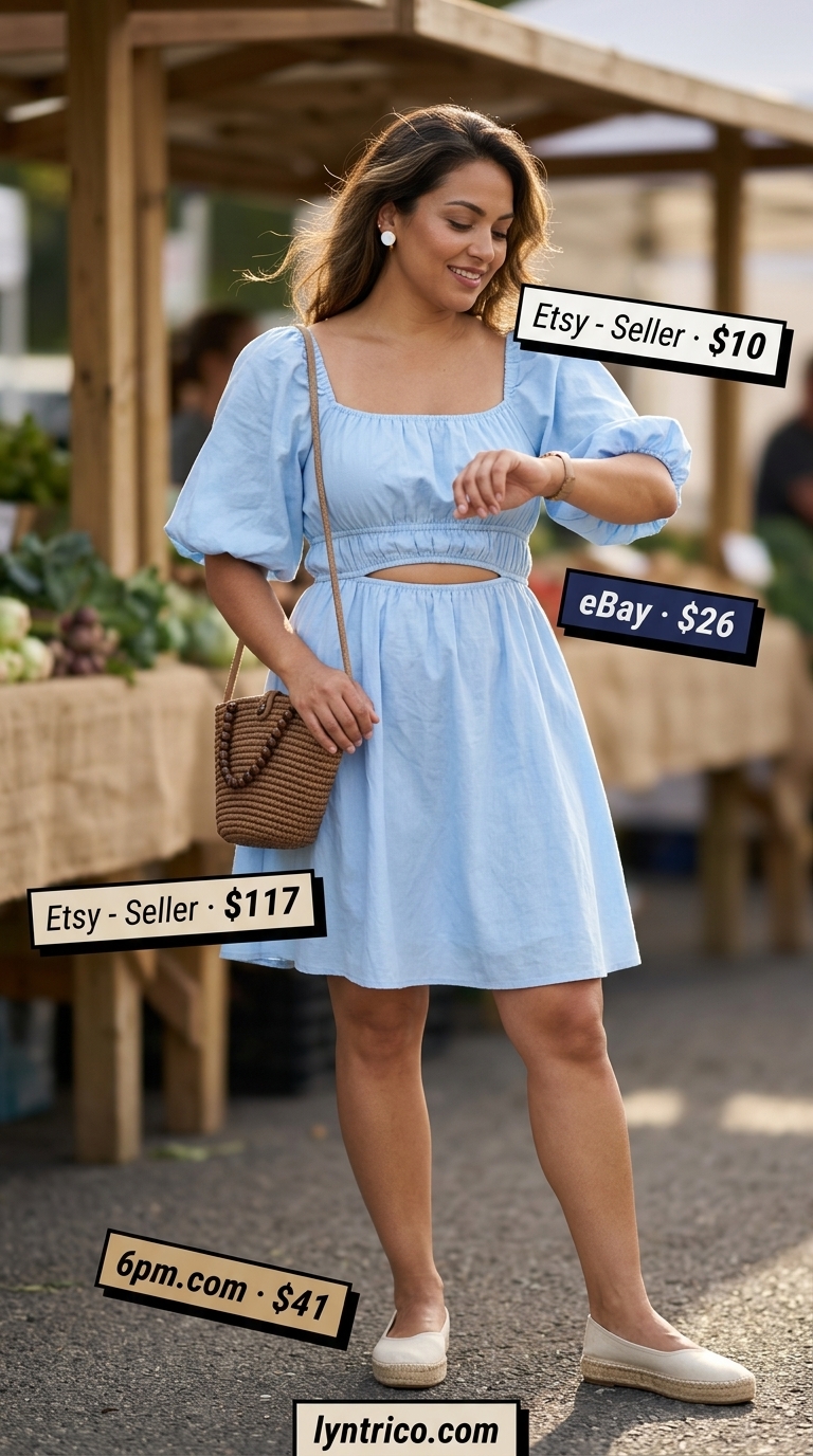 Sweet Sundress Vibes 2026 Sweet casual midsize outfits summer for women 2026: sky blue babydoll dress, white espadrilles, woven crossbody bag.