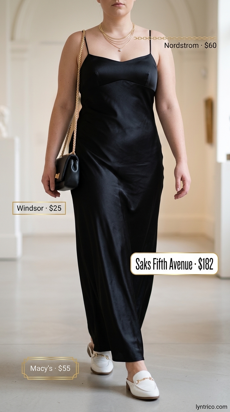 Chic City Escape 2026 Chic casual midsize outfits summer for women 2026: black slip dress, cream mules, gold layered necklaces, shoulder bag.