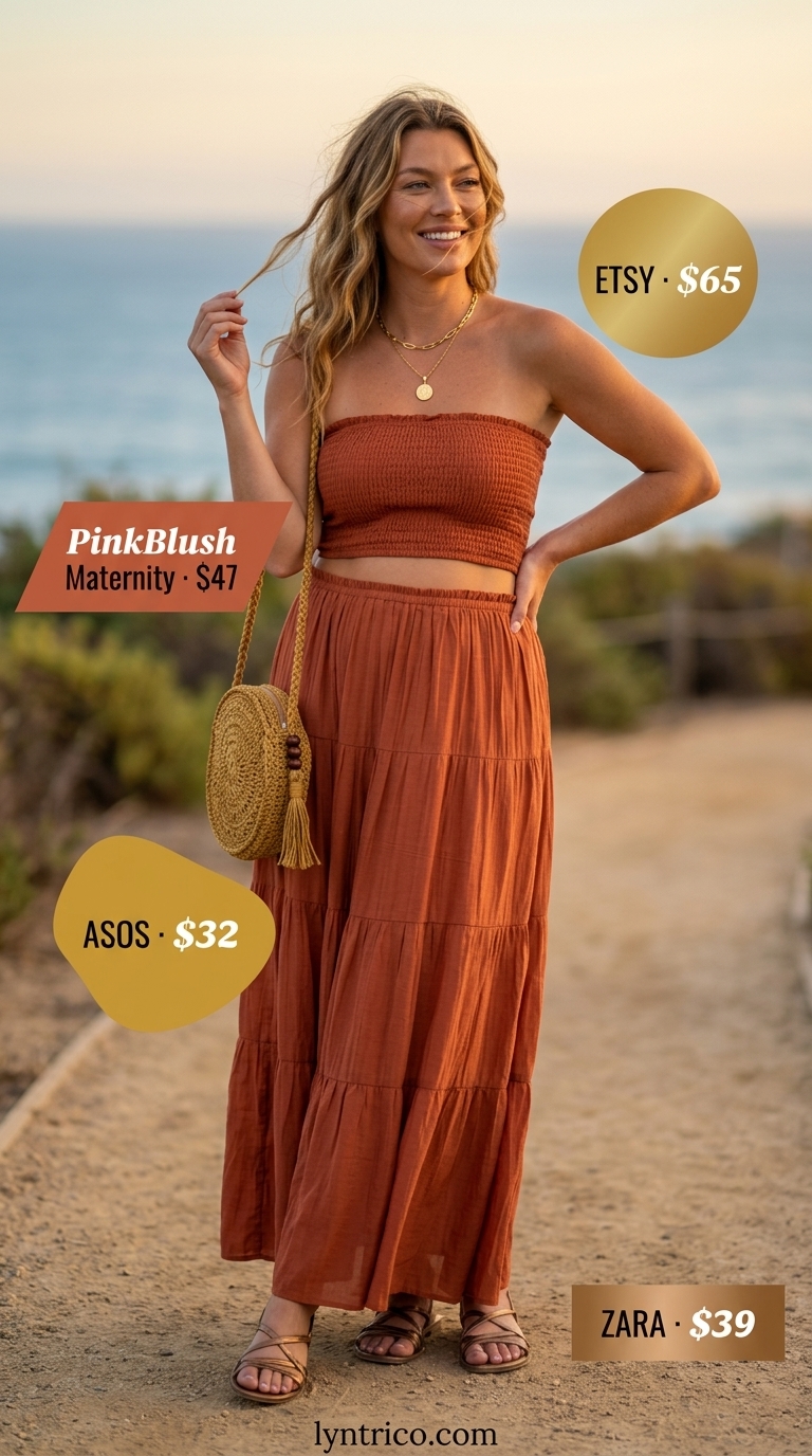 Boho Summer Matching Set 2026 | Concert Outfit Casual midsize outfits summer for women 2026: Terracotta gauze smocked set with bronze sandals for outdoor concert.