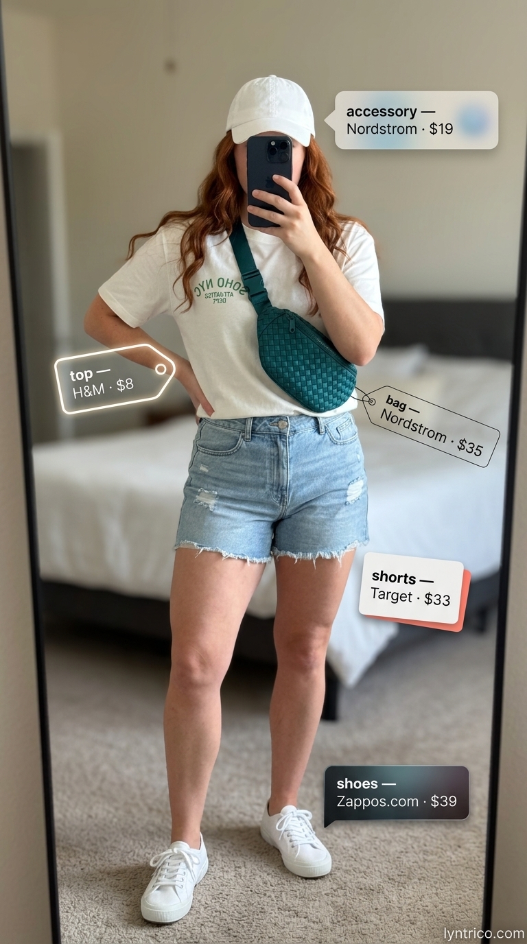Weekend Wanderer Style 2026 Weekend casual midsize outfits summer for women 2026: denim shorts, graphic tee, baseball cap, green belt bag.