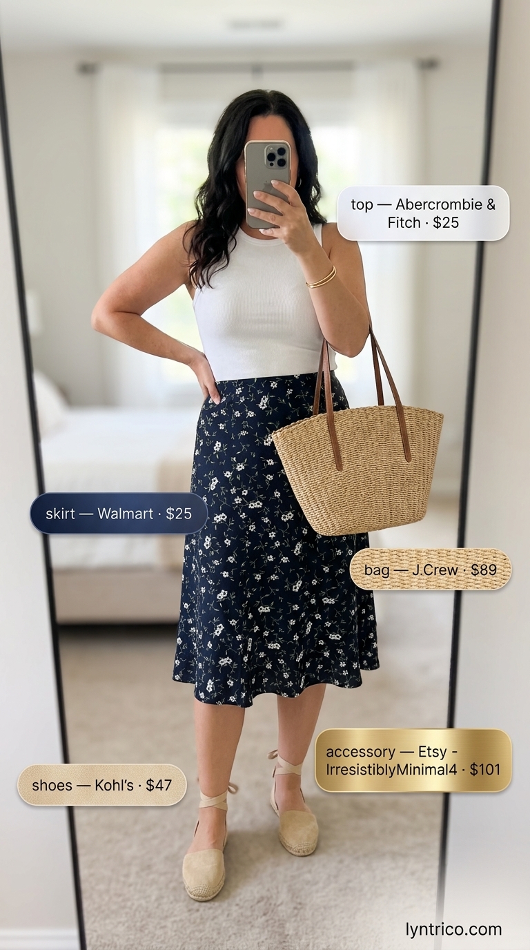 Floral Midi Skirt Outfit 2026 | Market Day Style Casual midsize outfits summer for women 2026: Navy floral midi skirt with ribbed tank and espadrilles for market day.