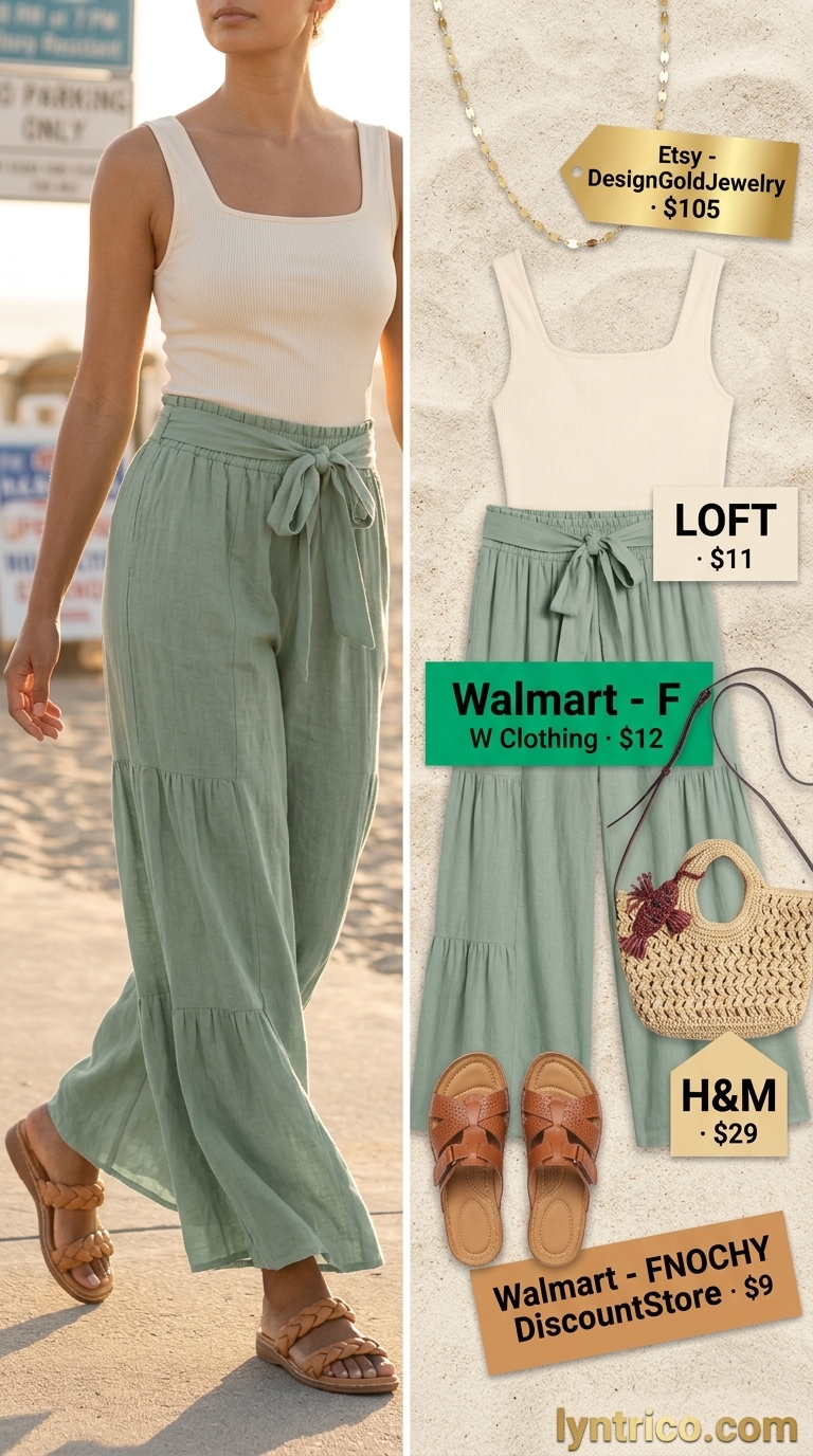 Golden Hour Getaway 2026 Golden hour casual midsize outfits summer for women 2026: sage green linen pants, cream tank, tan slides, straw bag.