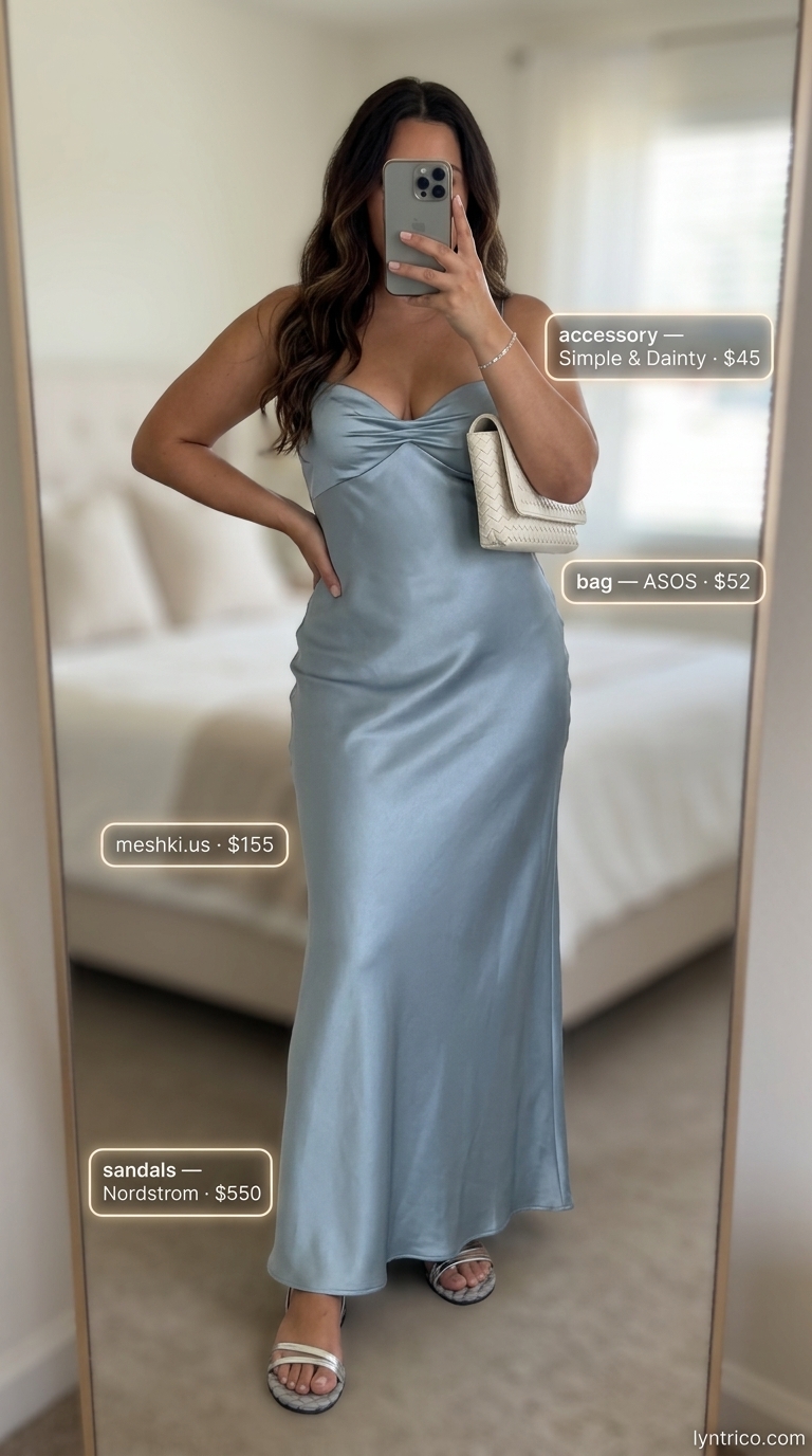 Summer Maxi Dress Outfit 2026 | Resort Dinner Style Casual midsize outfits summer for women 2026: Sky blue maxi dress with silver sandals and straw clutch for resort dinner.