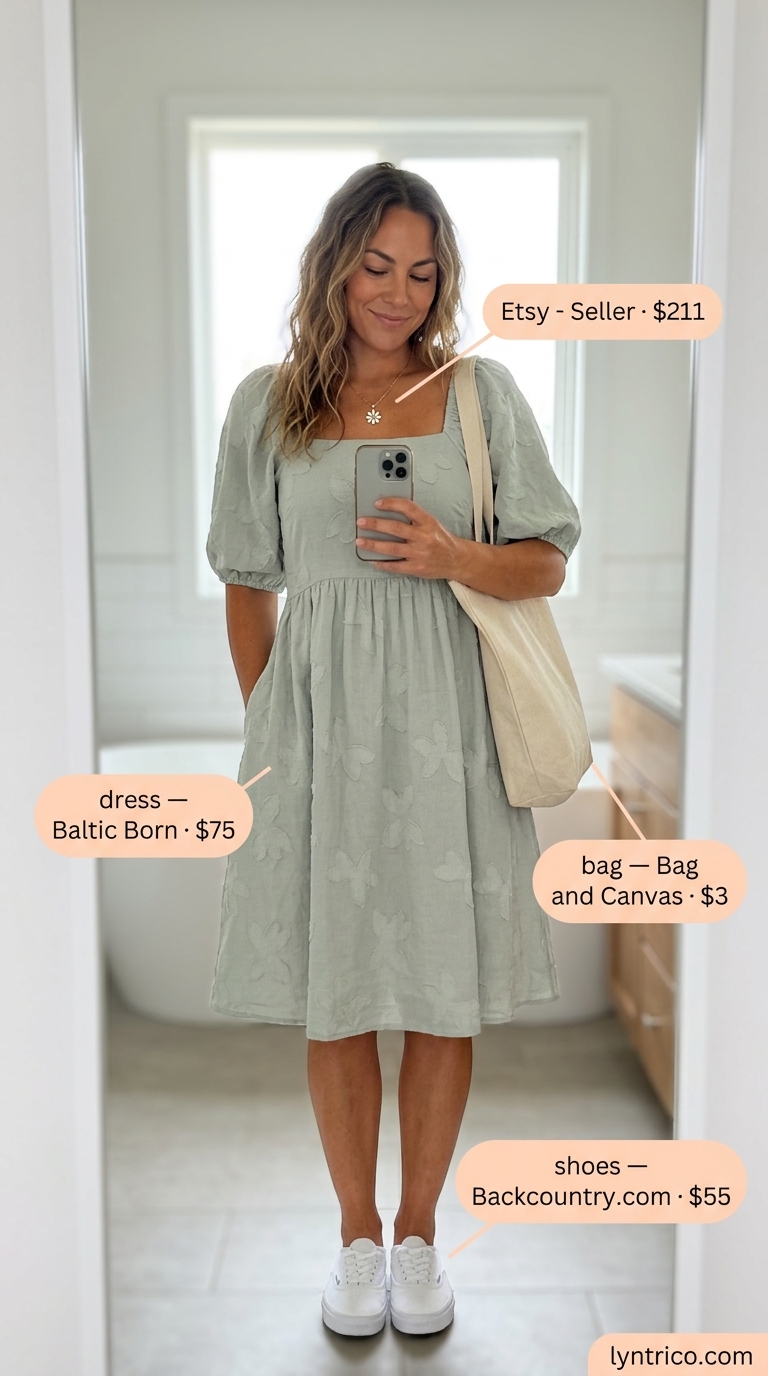 Cute Summer Mini Dress 2026 | Picnic Outfit Casual midsize outfits summer for women 2026: Sage green mini dress with white sneakers for picnic.