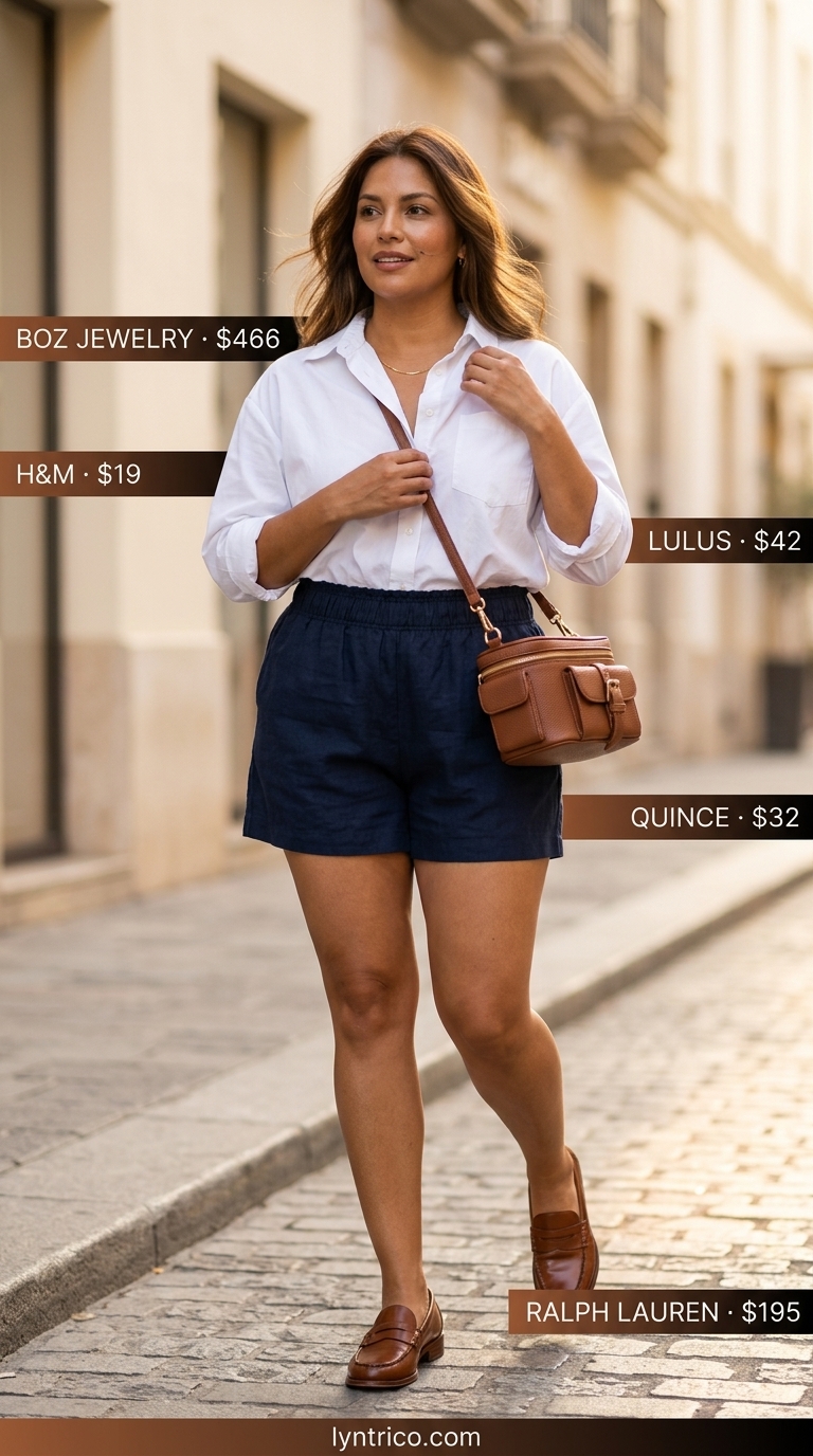 Nautical Summer Style 2026 Nautical casual midsize outfits summer for women 2026: navy shorts, oversized white shirt, leather loafers, gold necklace.