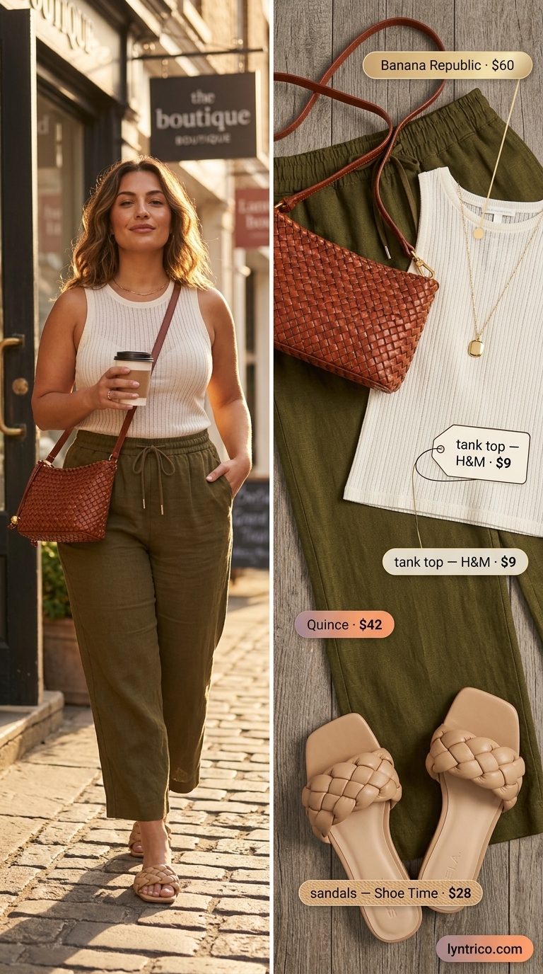 Wide Leg Linen Pants 2026 | Casual Brunch Outfit Casual midsize outfits summer for women 2026: Olive green linen pants with cream tank and straw bag for brunch.
