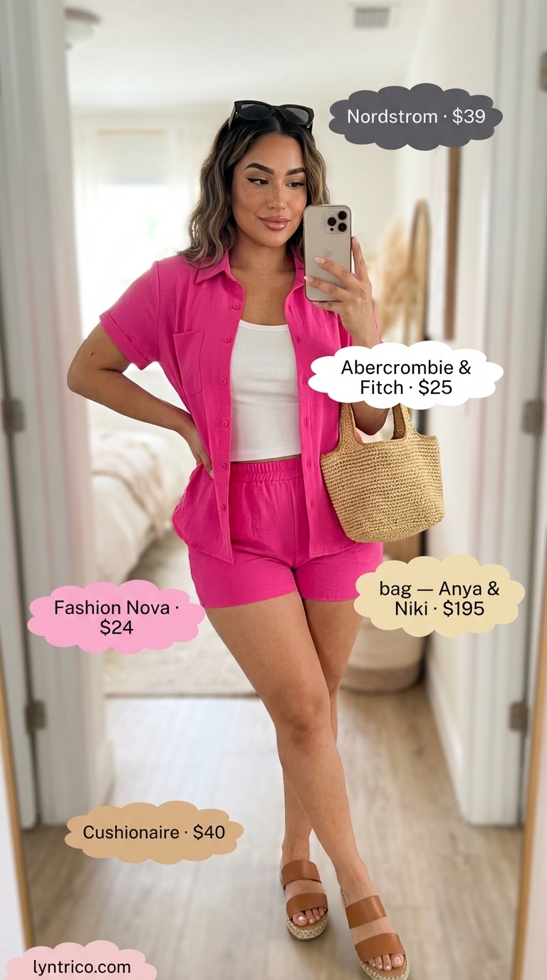 Vibrant Brunch Babe 2026 Vibrant casual midsize outfits summer for women 2026: hot pink matching set, straw tote, espadrilles, cat-eye sunglasses.