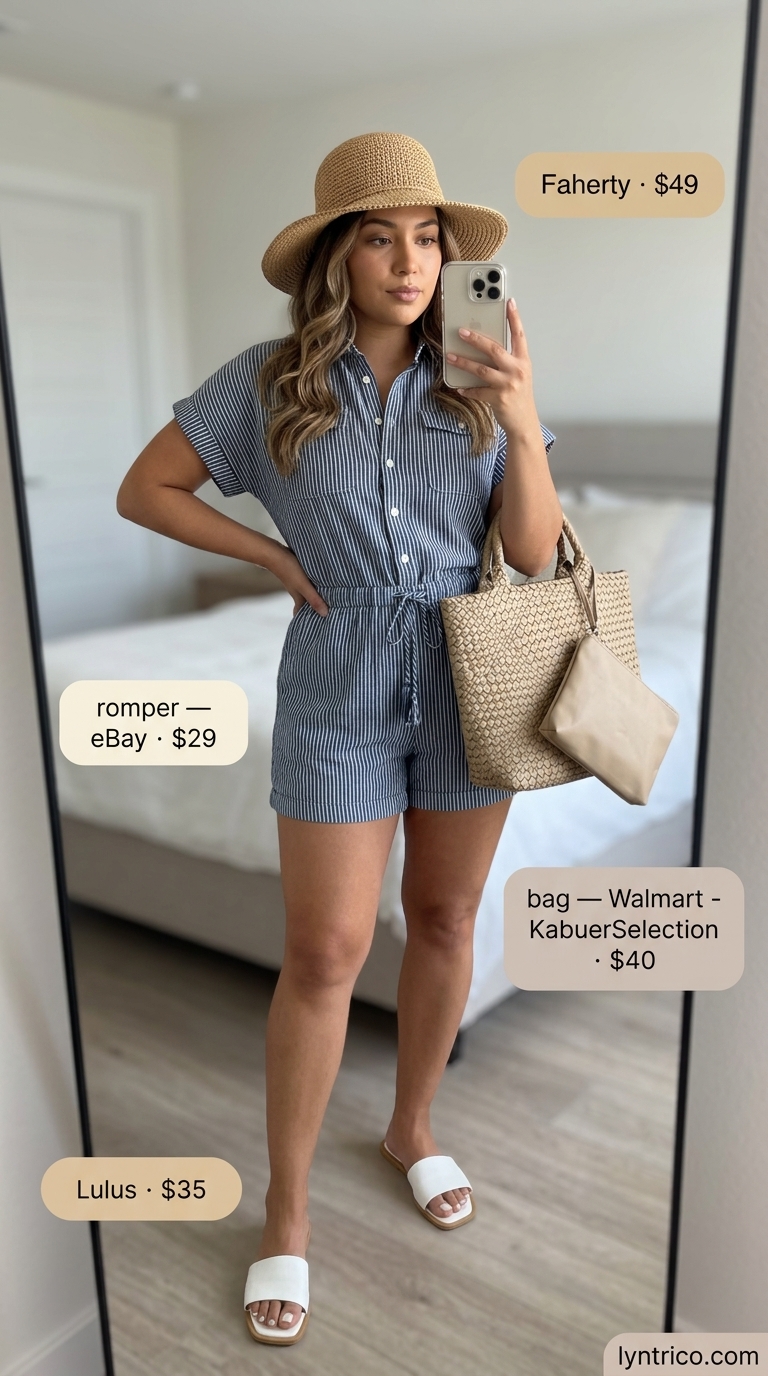 Summer Linen Romper 2026 | Coastal Day Trip Style Casual midsize outfits summer for women 2026: Navy stripe linen romper with straw hat and tote for day trip.