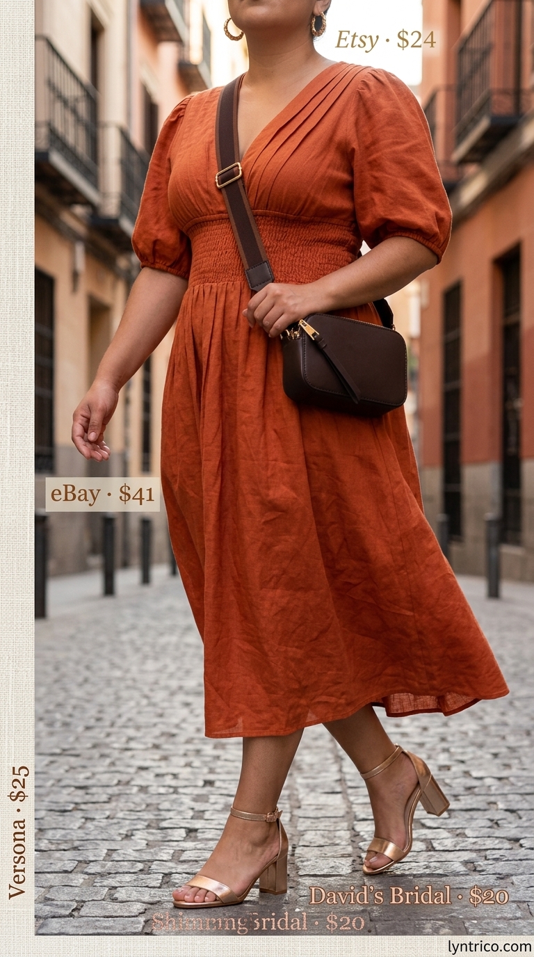 Golden Hour Midi Moment 2026 Romantic casual midsize outfits summer for women 2026: terracotta midi dress, gold heels, dark brown crossbody bag.
