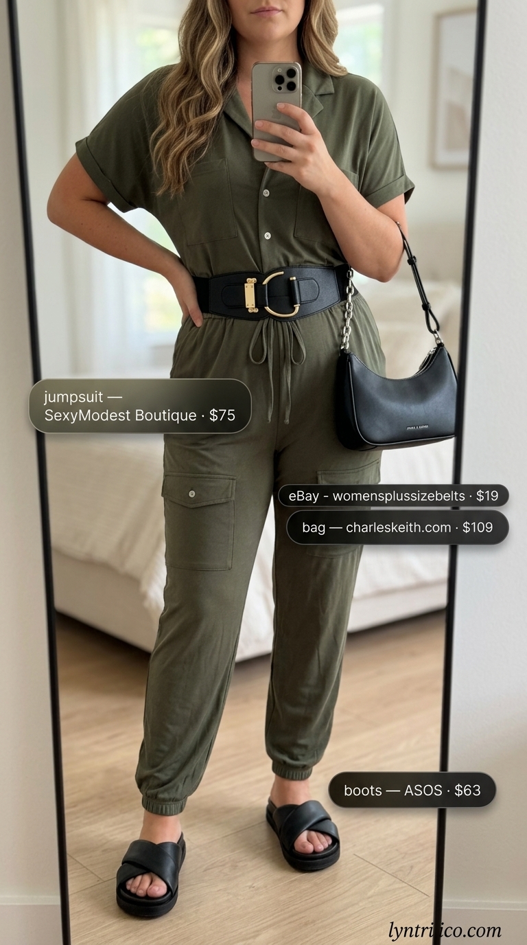 Stylish Utility Jumpsuit 2026 | Urban Adventure Casual midsize outfits summer for women 2026: Khaki utility jumpsuit with chunky sandals for city exploration.