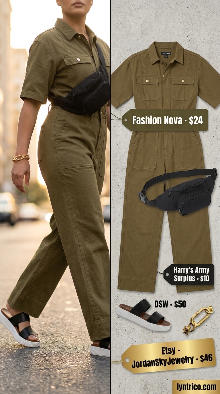 Urban Explorer Style 2026 Urban casual midsize outfits summer for women 2026: khaki utility jumpsuit, black sandals, black belt bag, gold bracelet.