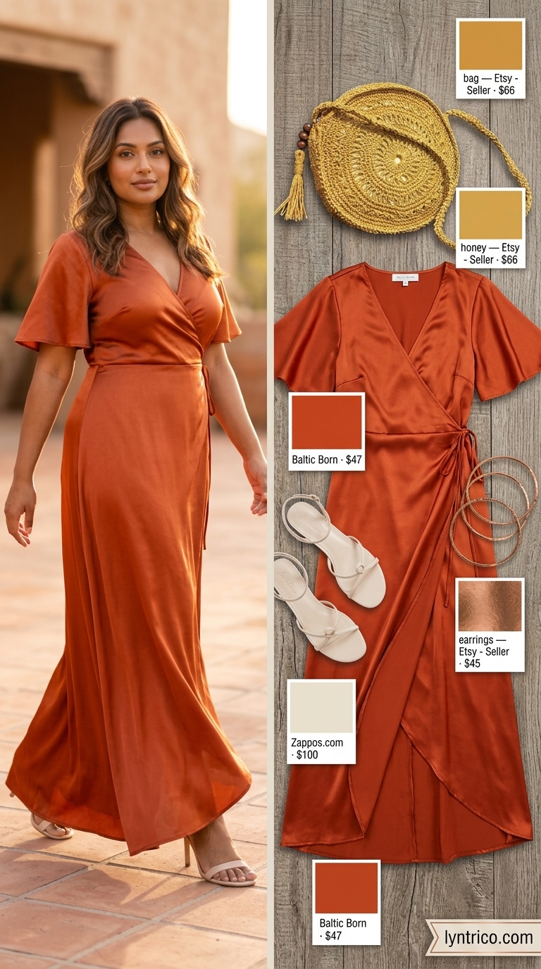 Boho Summer Dress 2026 | Date Night Outfit Casual midsize outfits summer for women 2026: Terracotta wrap midi dress with espadrille sandals for summer date night.