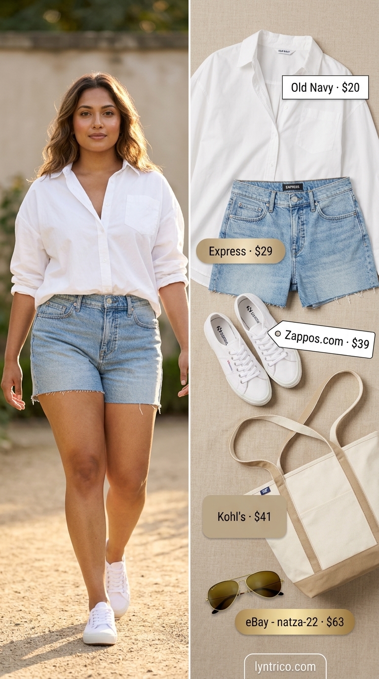 Relaxed Weekend Outfits for Women 2026 Denim shorts and oversized shirt for casual midsize outfits summer for women 2026. Relaxed weekend style.