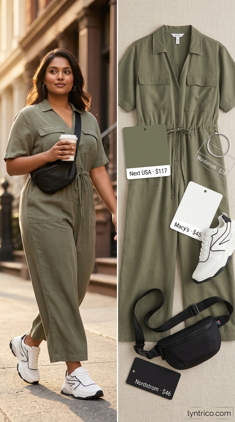 Urban Explorer Outfits for Women 2026 Khaki utility jumpsuit for casual midsize outfits summer for women 2026. Urban explorer style with sneakers.