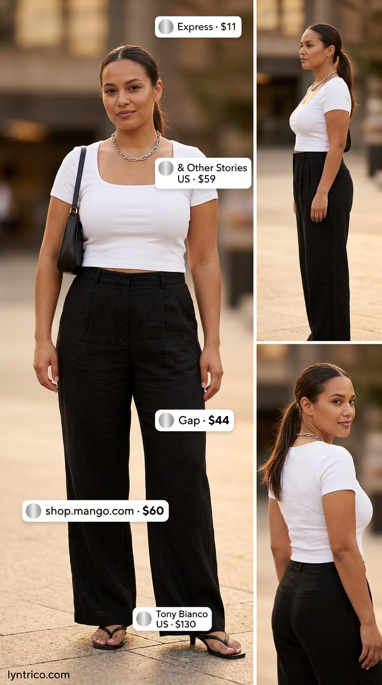 Chic Monochrome Summer Outfits for Women 2026 Monochrome black & white casual midsize outfits summer for women 2026. Wide-leg trousers, crop top, sandals.