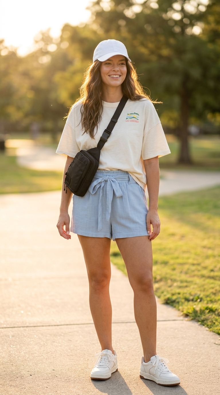 Sporty Chic Summer Outfits for Women 2026 Navy paperbag waist shorts outfit for casual midsize outfits summer for women 2026. Sporty chic style.
