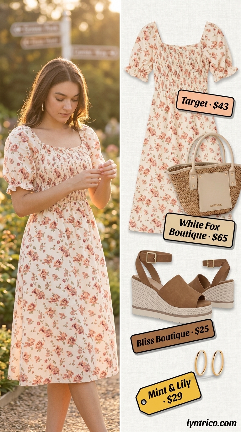 Romantic Garden Party Outfits for Women 2026 Romantic peach floral midi dress for casual midsize outfits summer for women 2026. Garden party style.