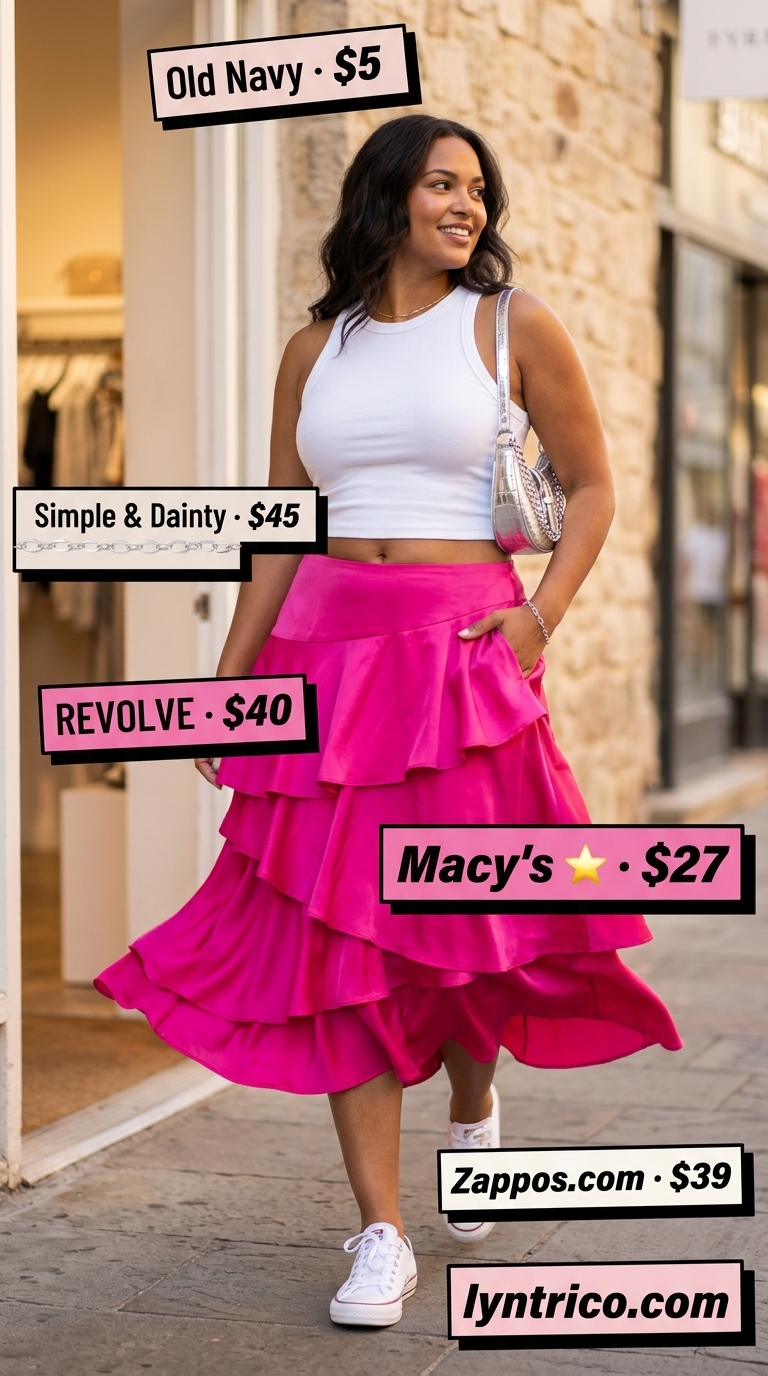 Playful Pink Summer Outfits for Women 2026 Vibrant pink and white casual midsize outfits summer for women 2026. Tiered midi skirt, ribbed tank, sneakers.