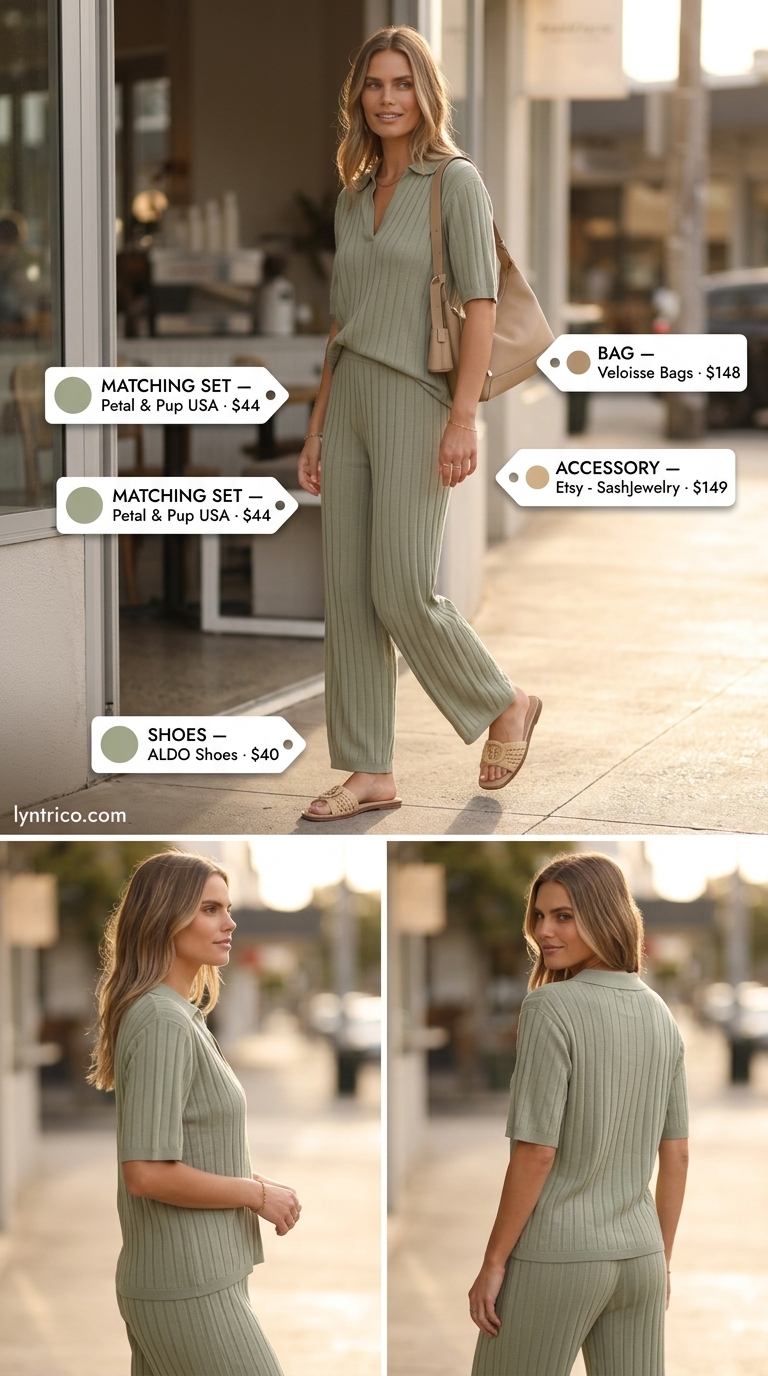 Elevated Comfort Summer Outfits for Women 2026 Sage green knit matching set for casual midsize outfits summer for women 2026. Comfortable and elevated style.