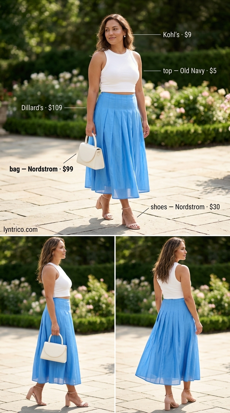Fresh Sky Blue Summer Outfits for Women 2026 Sky blue A-line skirt outfit for casual midsize outfits summer for women 2026. Feminine and fresh style.