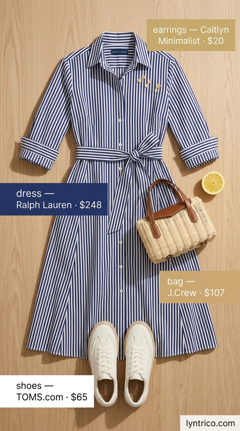 Preppy Seaside Summer Outfits for Women 2026 Striped shirt dress for casual midsize outfits summer for women 2026. Preppy seaside charm with espadrilles.