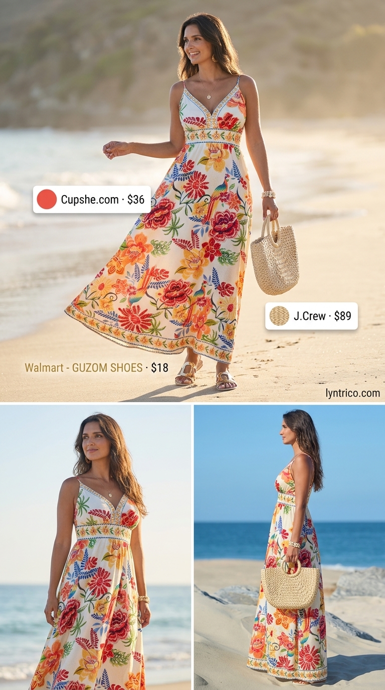 Tropical print maxi dress for casual midsize outfits summer for women 2026. Resort wear and vacation style.