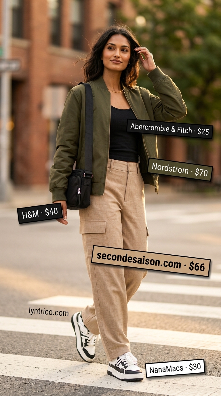 Casual NYC summer outfits for women 2026: Beige cargo pants, black tank, bomber jacket, sneakers.