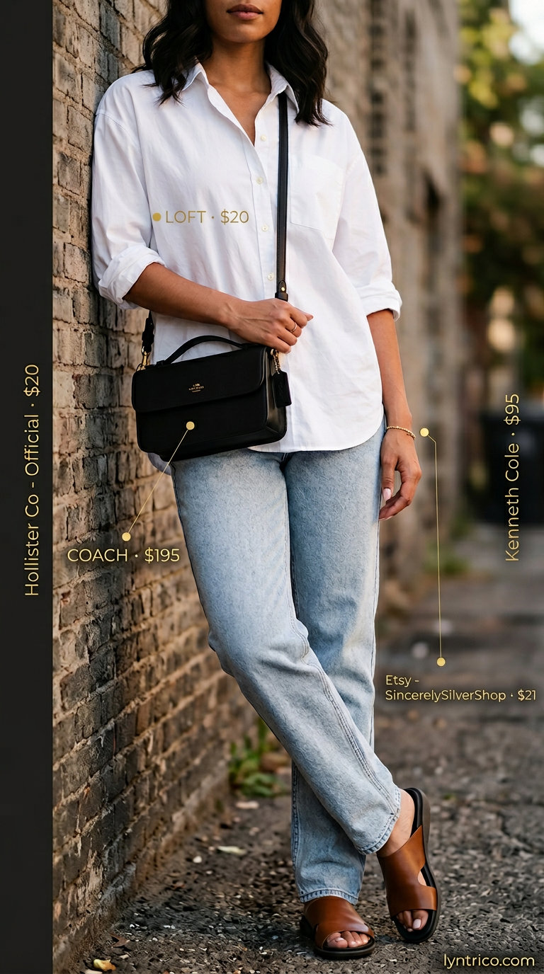 Casual NYC summer outfits for women 2026: Jeans, white shirt, slides for city errands.