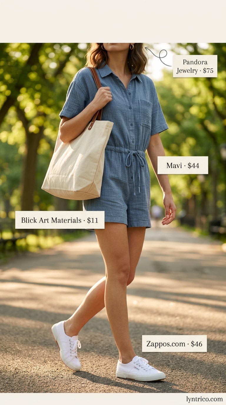 Casual NYC summer outfits for women 2026: Denim romper, white sneakers, tan tote bag for a park day.