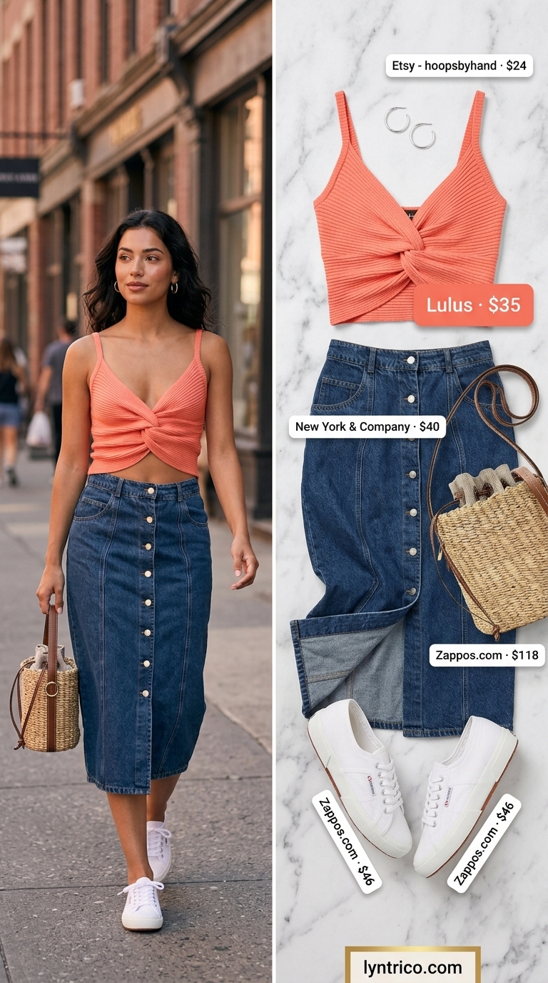 Casual NYC summer outfits for women 2026: Denim midi skirt, coral tank, white sneakers, straw bag.