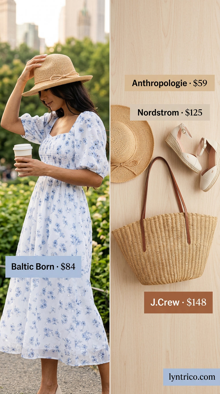 Casual NYC summer outfits for women 2026: Floral midi dress, straw hat & espadrilles for a picnic.