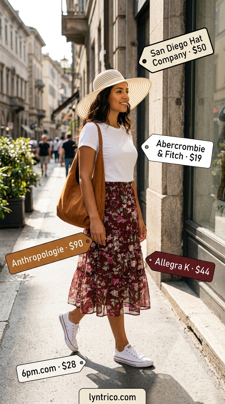 Casual NYC summer outfits for women 2026: Floral midi skirt, tee, sneakers for weekend exploration.